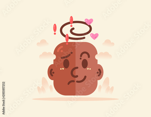 Illustration of a head with a face that has a happy and sad expression. Concept of mental or psychological health problems. Disorders of thought, feelings, and emotional instability. Metaphor, flat