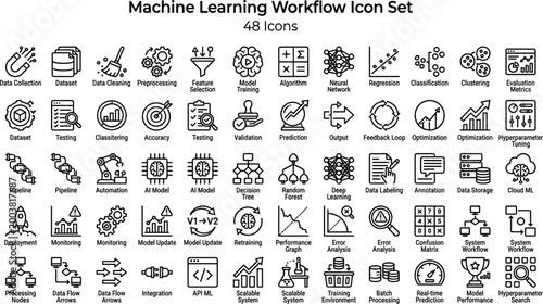 Machine Learning Workflow Icon Set Featuring Data Preparation, Model Training, Evaluation, Deployment and AI Pipeline Concepts