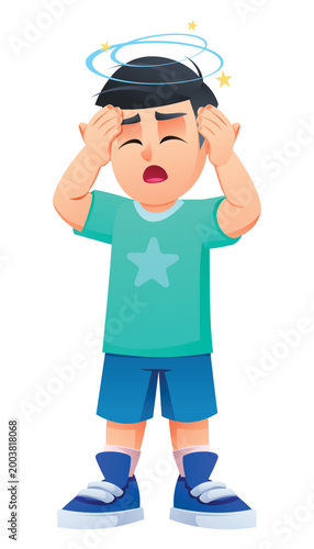 Dizzy young boy character holding his head with spinning stars and headache. Vector cartoon illustration