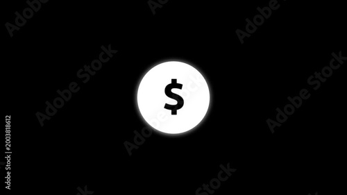 Animated glowing white dollar sign money icon shrinking on black background