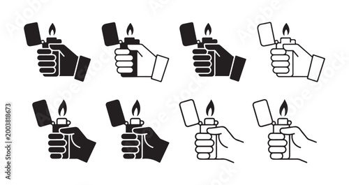 Professional vector illustration set of hands holding lighters with burning flame in various styles.