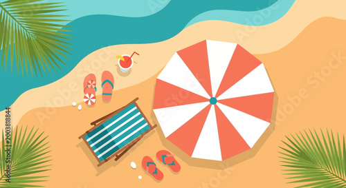 Картината върху платно Top View Summer Beach Background Illustration with Umbrella, Deck Chair, and Flip Flops