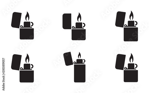 Classic metal lighter icons set black and white flat simple illustration for cigarette smoking accessories.