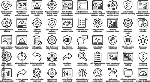 Safety Compliance and Risk Management Icon Set Featuring Audit, Security, Monitoring, Workplace Safety and Regulatory Control Concepts
