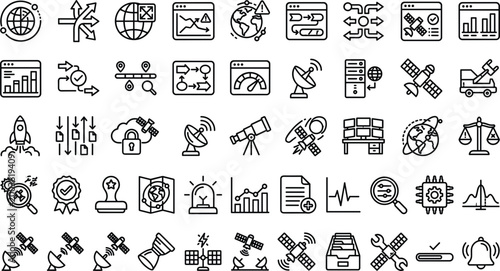 Quadro su tela Space Technology and Satellite Systems Icon Set Featuring Communication, Orbit,