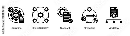 Process Management icon set featuring workflow,efficiency,standardization,and streamline concepts.Perfect for business operations,system integration,and productivity improvement.
