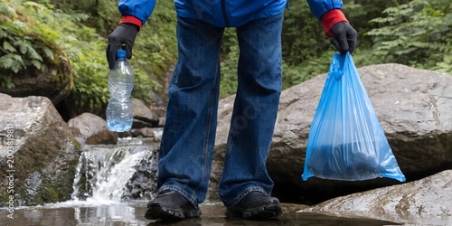 Person Collecting Trash Near River Representing Environmental Cleanup Pollution Control Sustainability and Nature Protection Concept