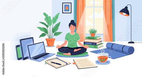woman meditating in living room with laptop and books