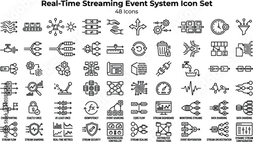 Real Time Streaming Event System Icon Set Featuring Data Pipelines, Event Processing, Message Queues, Analytics and Distributed Architecture Concepts
