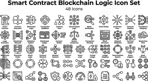 Tableau sur toile Smart Contract Blockchain Logic Icon Set Featuring Decentralized Networks, Trans