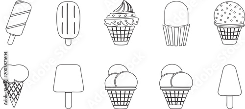 Black and White Outline Ice Cream and Frozen Dessert Line Art Icon Collection