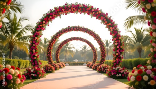 Floral tunnel indian wedding stage decoration with layered flowers