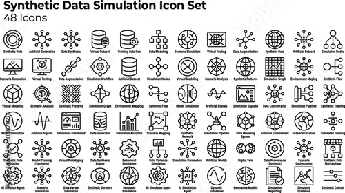 Synthetic Data Simulation Icon Set Featuring Virtual Modeling, Data Generation, AI Training, Scenario Analysis and Predictive System Concepts