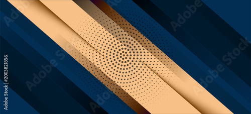 Abstract blue and gold geometric background with diagonal stripes and halftone circle