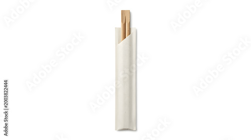 Disposable wooden chopsticks in paper sleeve packaging mock-up on isolated white background