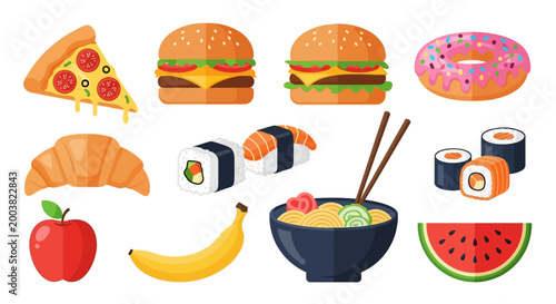 Flat vector illustration of assorted food items on white background
