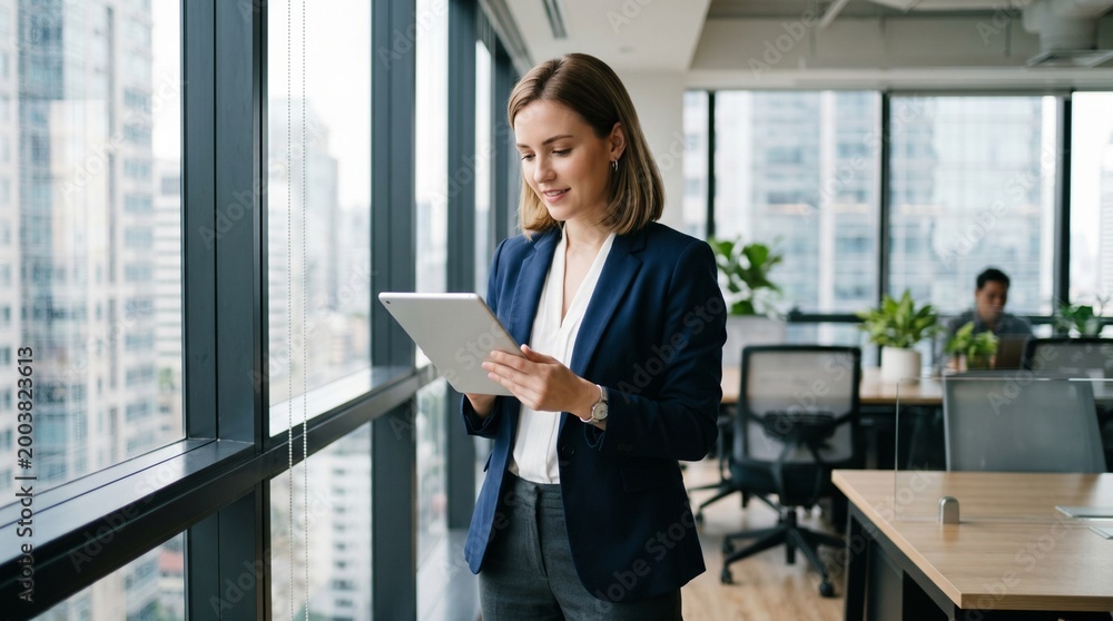 Fototapeta premium Professional businesswoman using tablet in modern office with city skyline view