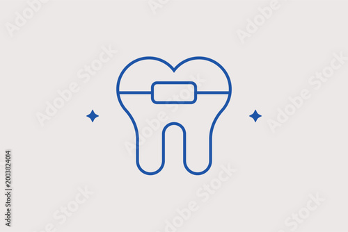 Tooth with braces line icon for orthodontic treatments and identifying bite correction services. Professional vector illustration for orthodontist practice websites and teen dental health apps.