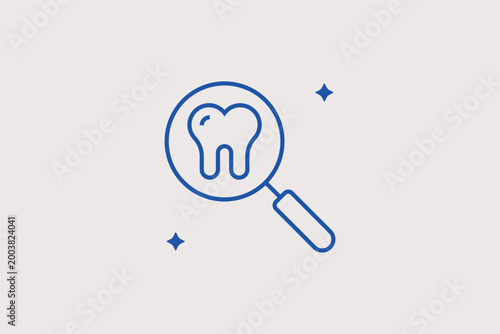 Magnifying glass over tooth line icon for dental diagnostics and identifying micro-cavities. Analytical vector illustration for medical research papers and dental laboratory service websites.