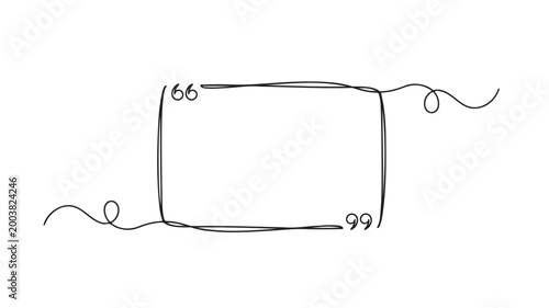 Minimalist continuous line drawing quote box, hand drawn speech bubble with quotation marks, black ink doodle frame vector for text