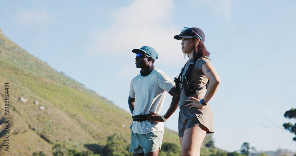 Fototapeta premium Thinking, couple and hiking for fitness outdoor for travel, adventure and holiday trip with view. Vision, people or trekking mountain for sightseeing, explore nature and fresh air on getaway vacation