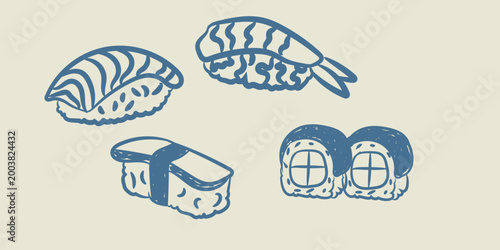 Sushi set naive doodle vector illustration hand drawn japanese food collection simple outline design