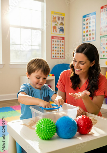 Woman and child playing with balls.
