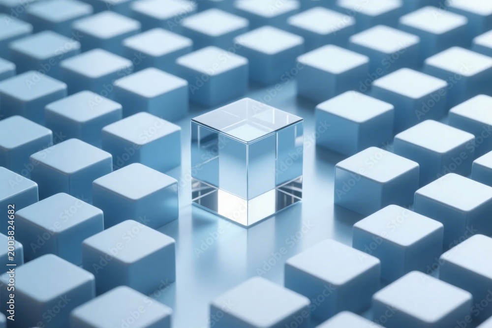 Obraz premium Transparent glass cube standing out among uniform blue cubes in a grid pattern