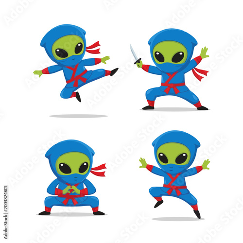 Alien ninjas perform martial arts moves with swords and shields