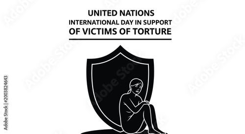 United Nations illustration supporting victims of torture with a protective shield graphic design concept