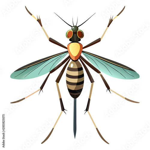 A colorful illustration of a mosquito with green wings and brown body