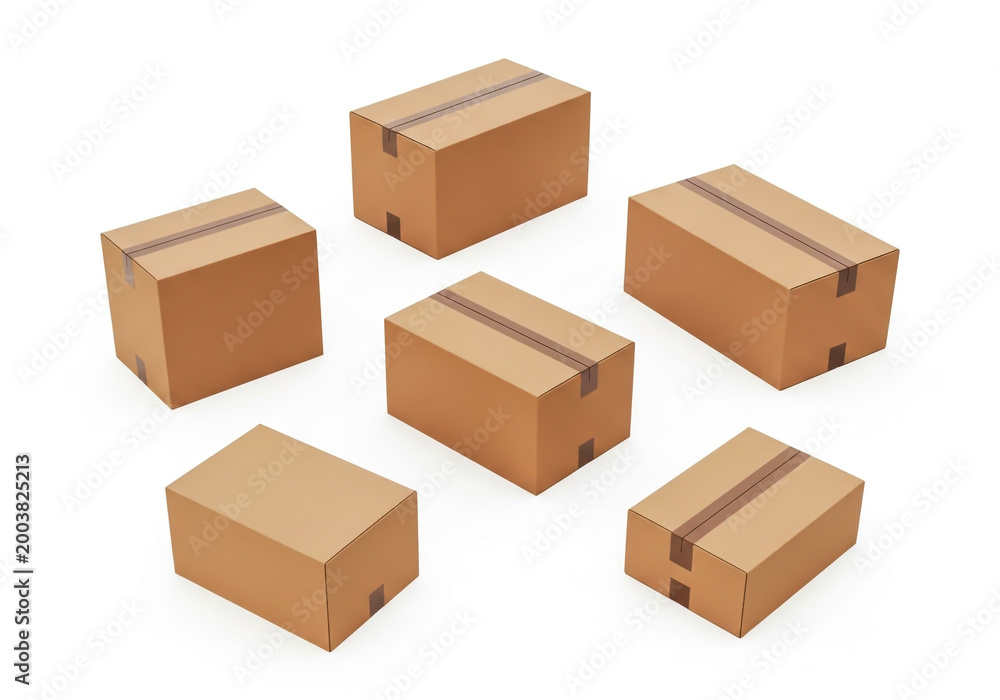 Fototapeta premium Six uniform cardboard boxes arranged in a scattered formation