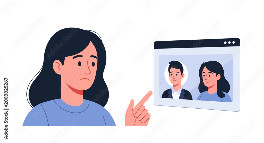 Fototapeta premium A young woman pointing at a computer screen showing profiles of a man and a woman. EPS Editable. Vector Illustrations.