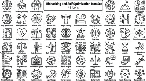 Biohacking and Self Optimization Icon Set Featuring Wellness, Brain Health, Sleep Tracking, Productivity, Fitness and Lifestyle Improvement Concepts