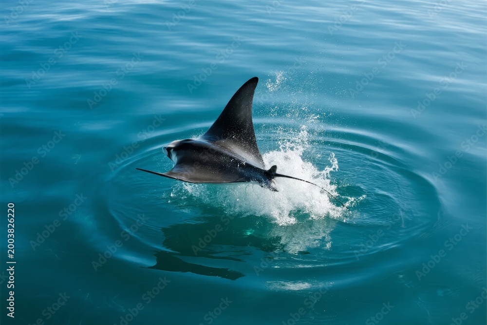 Fototapeta premium A manta ray leaps out of the ocean, creating a splash in clear blue water.