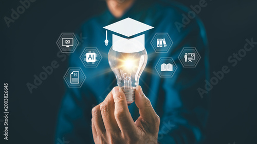 Elearning graduate certificate man holding graduation hat degree study icons over light bulb, education symbols show professional university student academic success training development