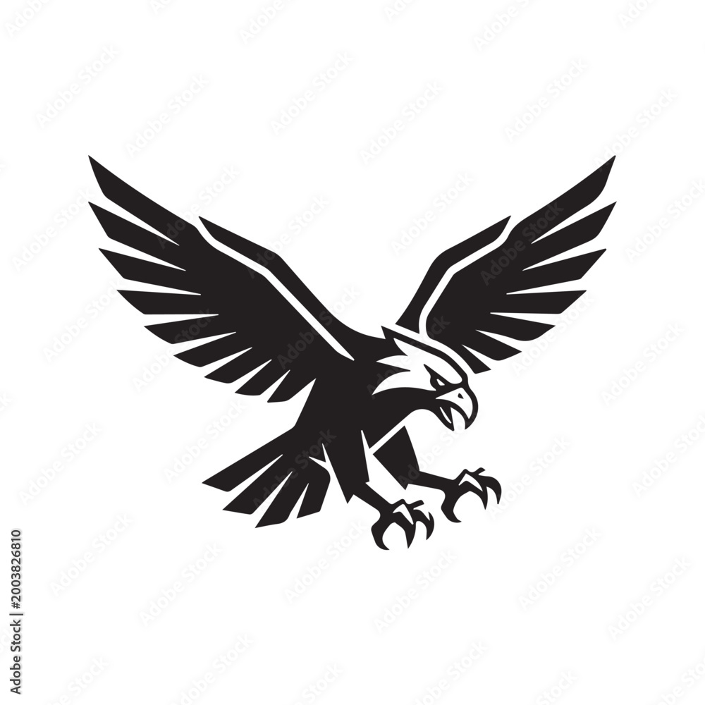 Obraz premium Stylized black eagle silhouette logo vector, flying bird of prey hawk swooping down with sharp talons 