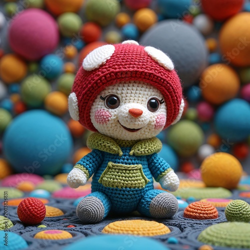 This image shows a hand-made amigurumi mushroom doll, similar to the models offered by various artisans