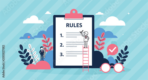 Rules checklist clipboard vector illustration with business people organizing tasks planning workflow management and productivity concept design