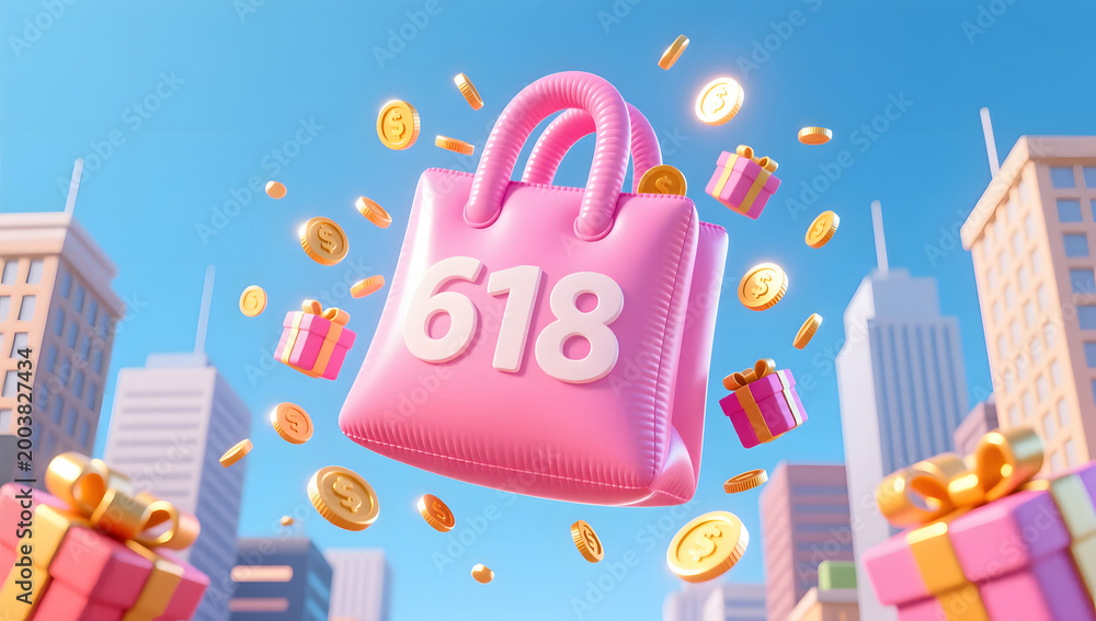 Fototapeta premium 618 Promotion shopping bag with coins for carnival