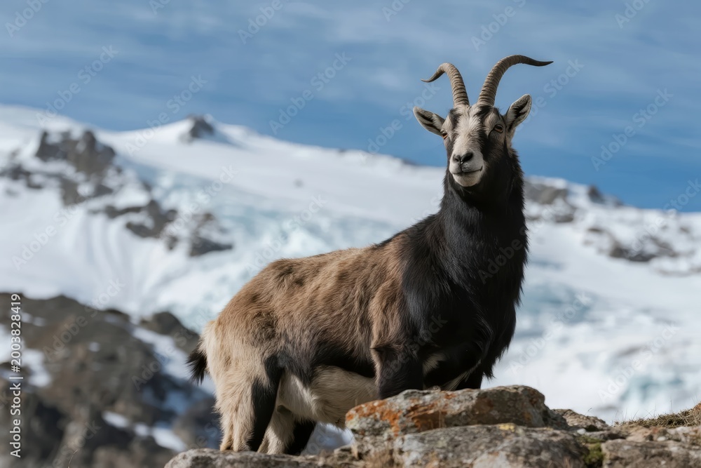 Obraz premium A wild ibex stands on rocky terrain with snow-capped mountains in the background.
