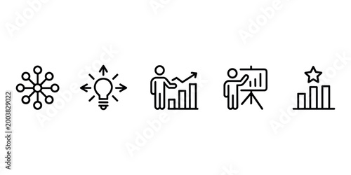 Black and white business with people graphs and lightbulb  in white background