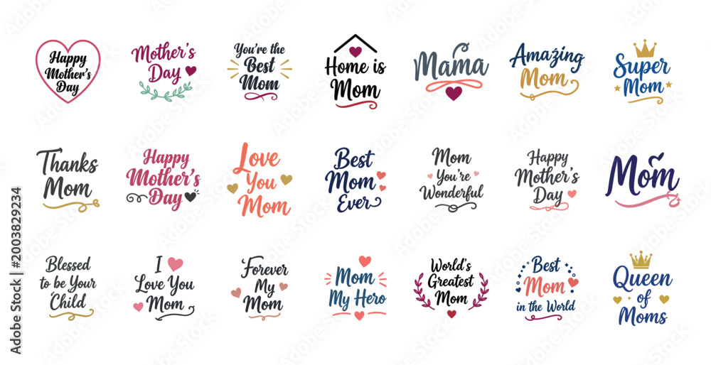 Naklejka premium Mother's Day typography bundle with hand drawn quotes Vector set of badges including Happy Mother's day, Queen of Moms, and Home is Mom Lettering design with crowns, hearts, and floral elements