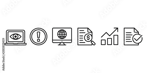 Black and white line of computer screen with eye exclamation mark globe document with dollar sign bar graph and document with checkmark