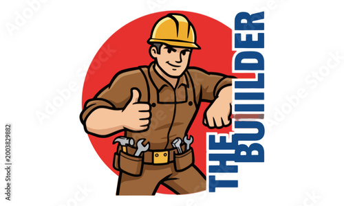 Construction Worker Mascot Character Thumbs Up with Tool Belt