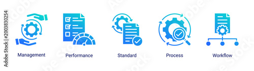 Process Management icon set featuring workflow,management,standard,and performance concepts.Ideal for business operations,system control,and productivity improvement.