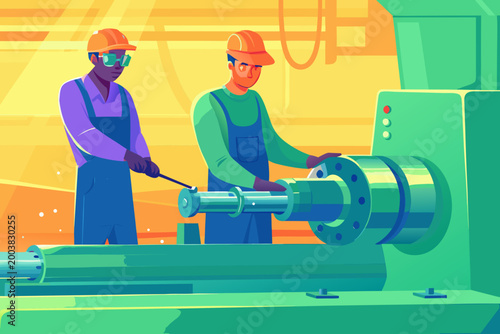 Machine Shop Lathe Operation Scene With Machinis