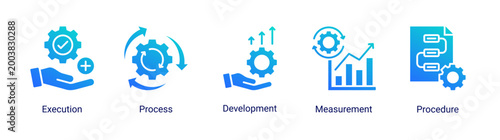 Foto Process Management icon set featuring execution,development,measurement,and procedure concepts