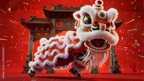 A vibrant lion dance performer in traditional costume against a red background with a Chinese gate, celebrating cultural festivities.