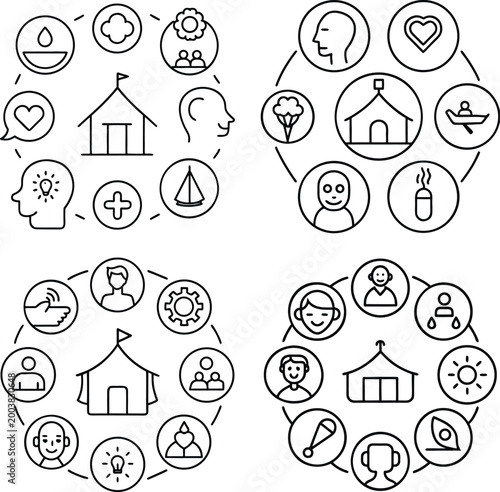 Circular icon clusters showcase a variety of lifestyle, camping, and human experience elements, interconnected in a visually cohesive manner. 